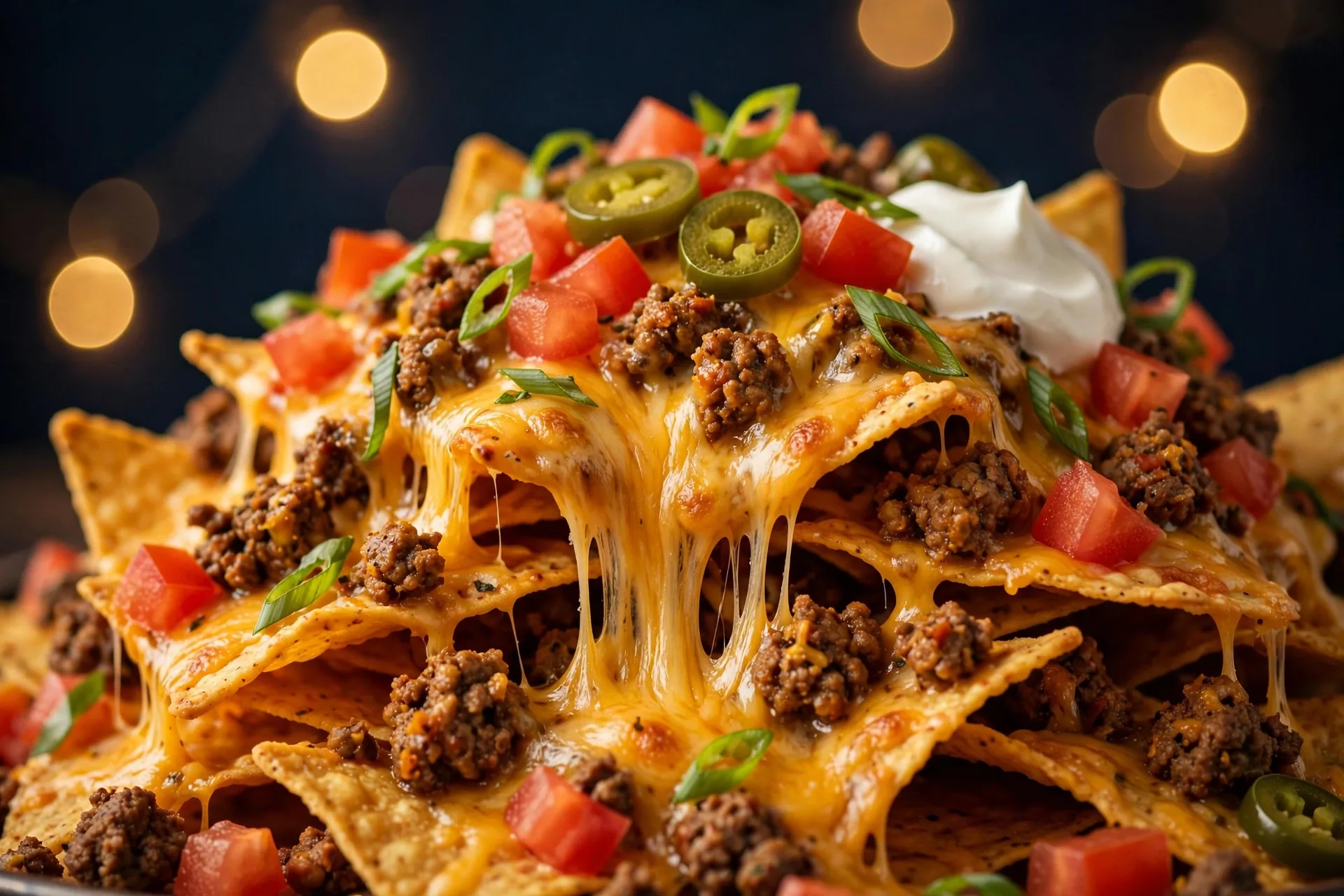 Loaded beef nachos with melted cheese, guacamole, sour cream and jalapeños